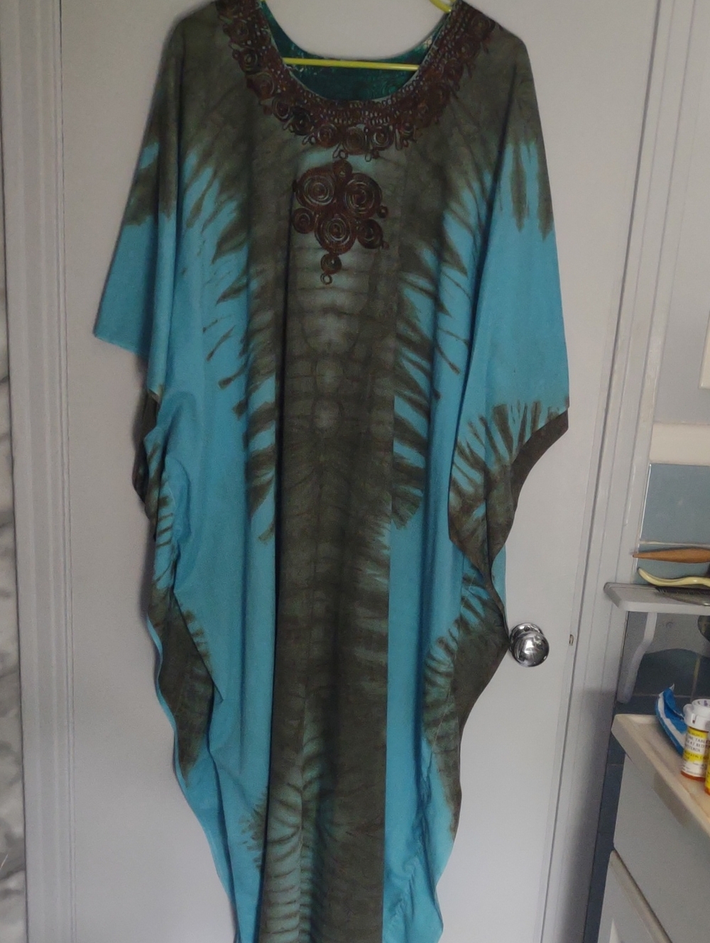 Turquoise & Olive Tie-Dye Maxi Caftan Dress with Embellished Neckline